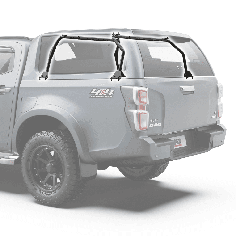 Rear angle of Isuzu D-Max 2020 GEN3 canopy showing the integrated EGR heavy-duty roof rack frame