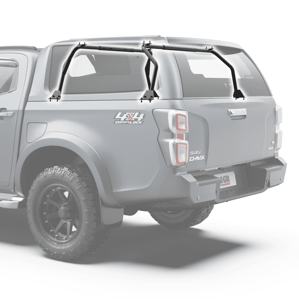 Rear angle of Isuzu D-Max 2020 GEN3 canopy showing the integrated EGR heavy-duty roof rack frame