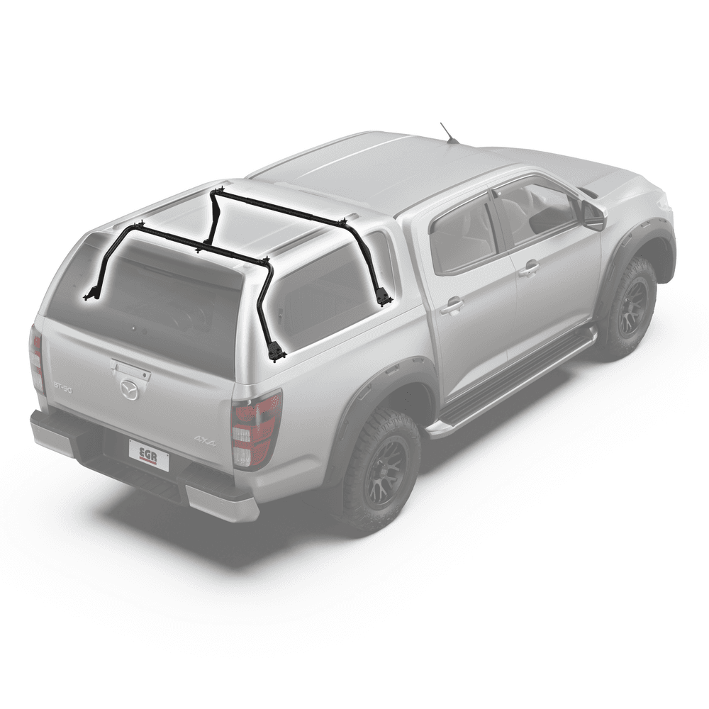 Rear angle of Mazda BT-50 2020 showing the GEN3 Canopy and integrated roof rack support frame