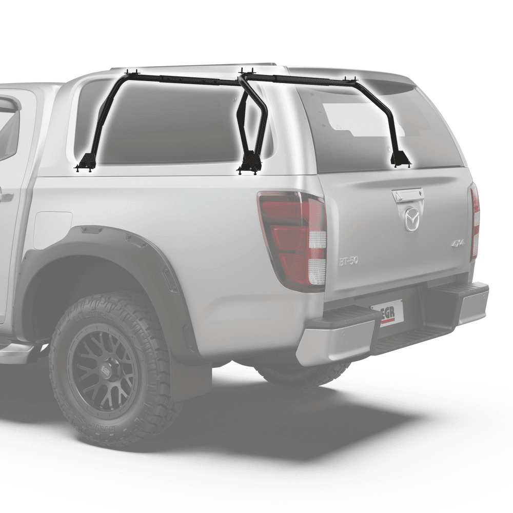 Rear view of Mazda BT-50 2020 GEN3 Canopy fitted with the EGR 120kg-rated internal roof rack frame