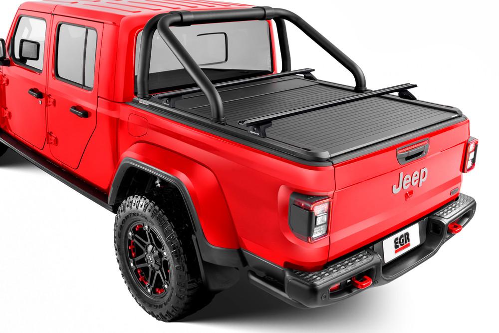 Jeep Gladiator fitted with EGR RollTrac Sports Bar in black powder-coat, rear three-quarter view