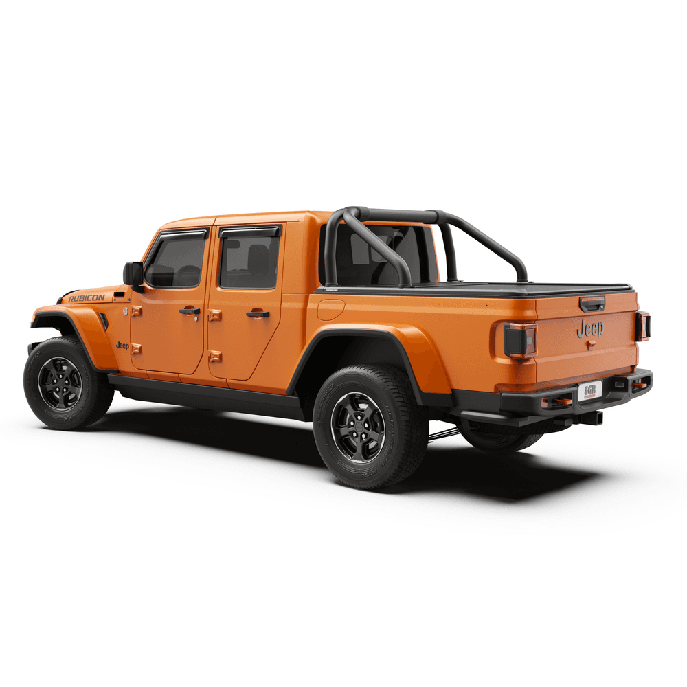 Side view of Jeep Gladiator showcasing the EGR RollTrac Sports Bar mounted to the RollTrac side rails