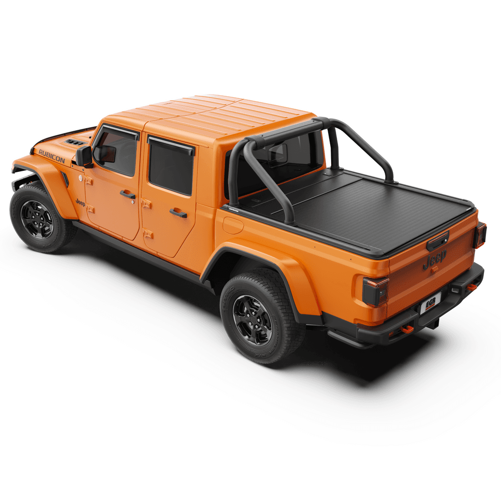 Jeep Gladiator fitted with EGR RollTrac Sports Bar in black powder-coat, rear three-quarter view