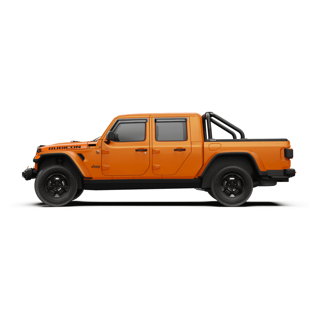 Side view of Jeep Gladiator showcasing the EGR RollTrac Sports Bar mounted to the RollTrac side rails