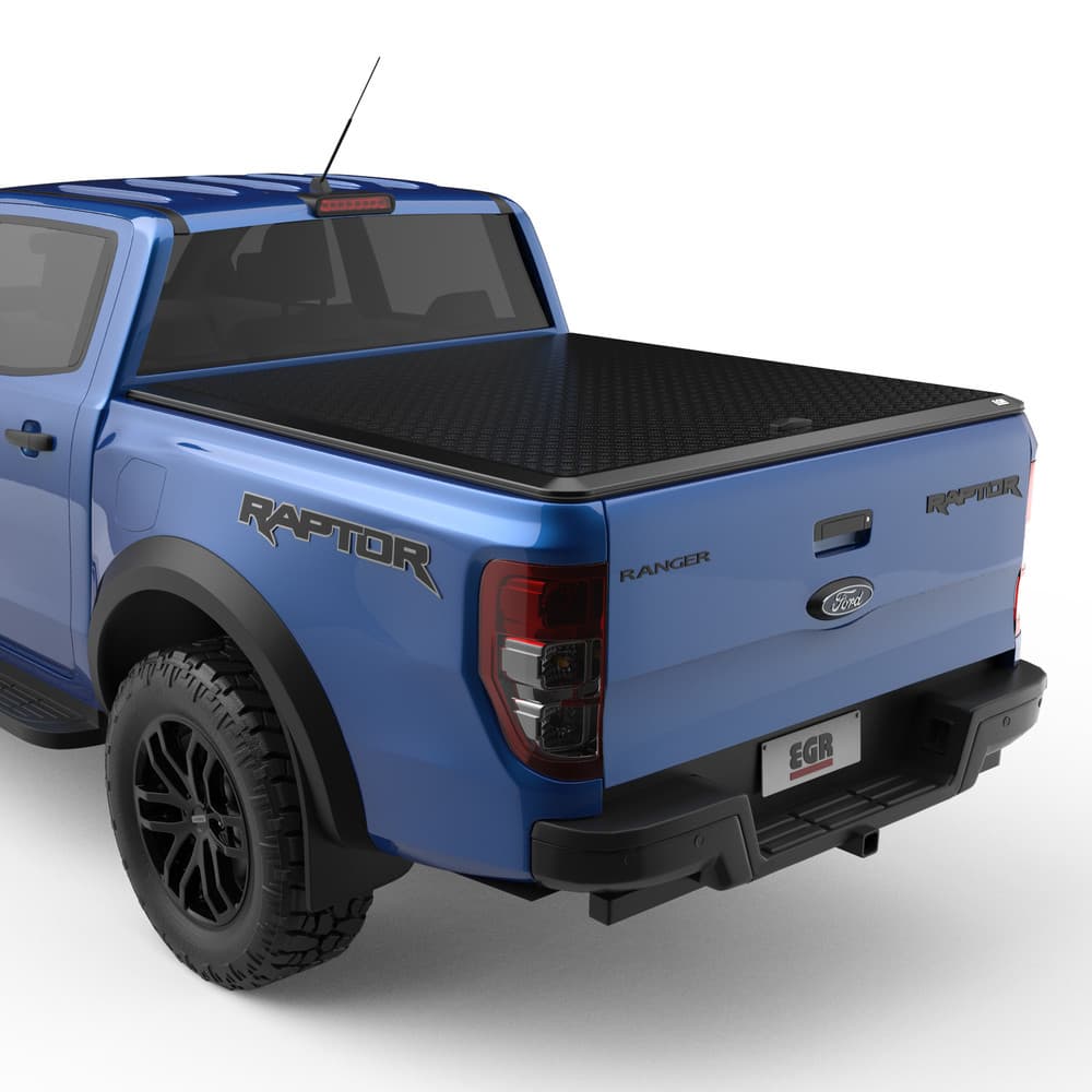 Rear-side angle of a Ford Ranger Raptor PX showing the EGR Load Shield aluminium tray cover
