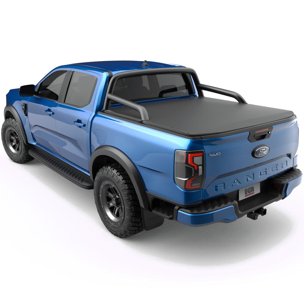 Side angle of Ford Ranger RA featuring the EGR Soft Tonneau Cover on the tray