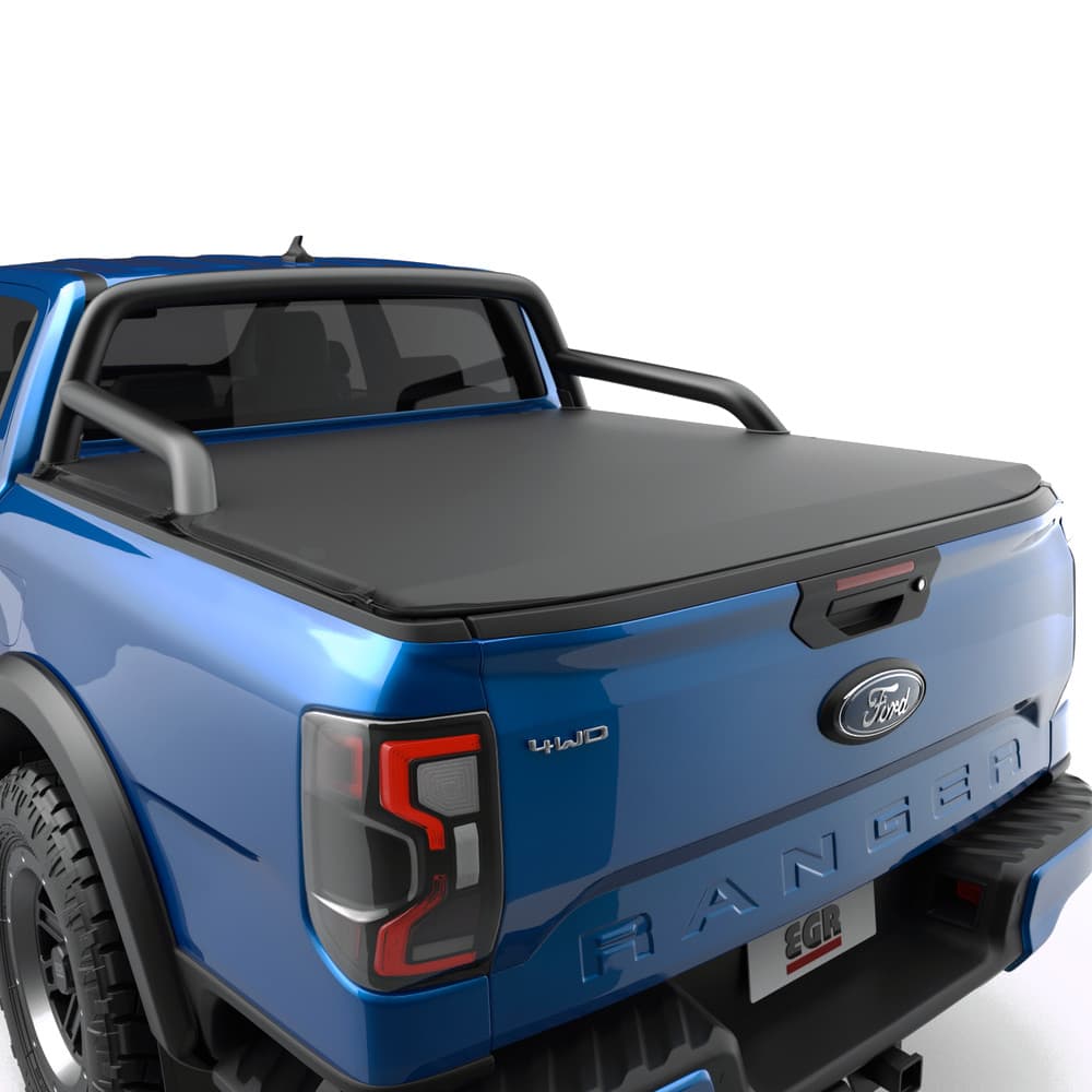 Close rear view of Ford Ranger RA showing the EGR Soft Tonneau Cover installed
