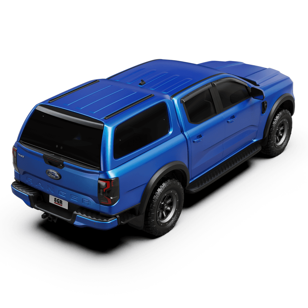 Angled view of Ford Ranger RA featuring frameless lift-up windows on the EGR GEN3 Canopy