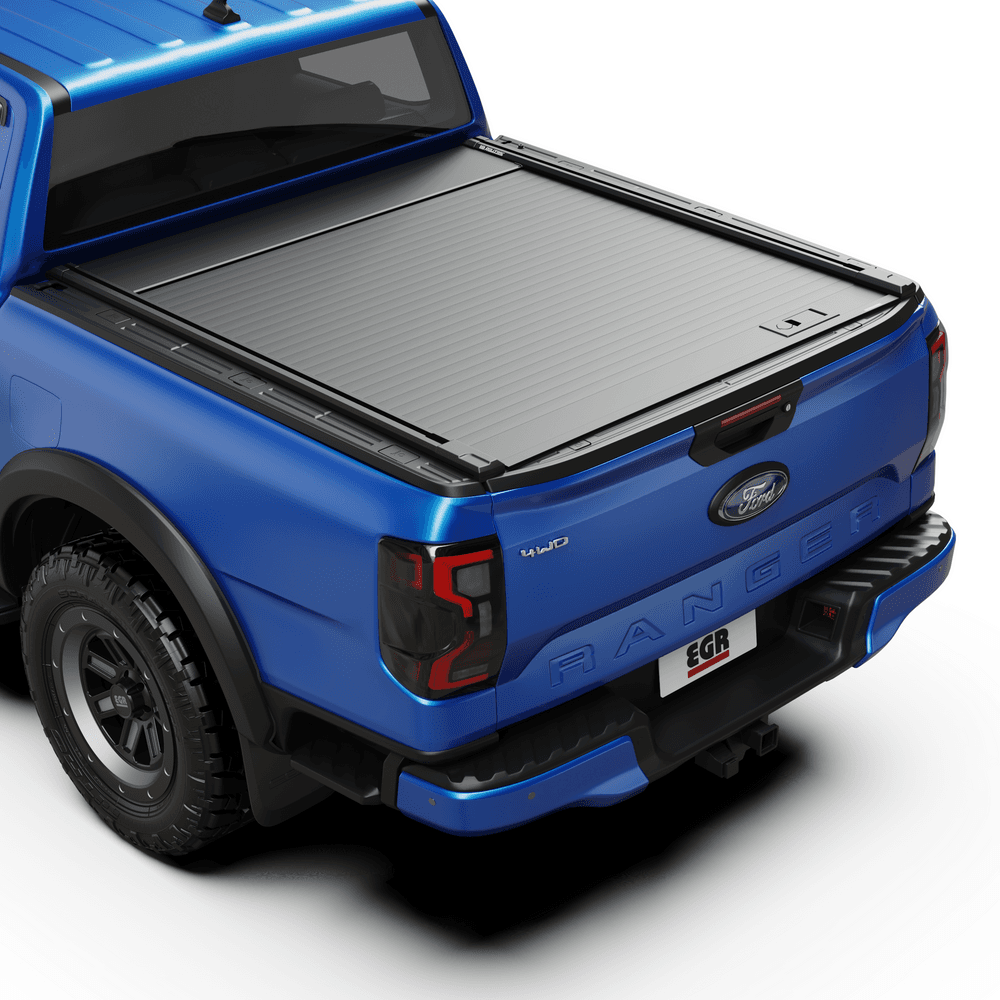 Front three-quarter view of Ford Ranger RA with EGR RollTrac Manual cover