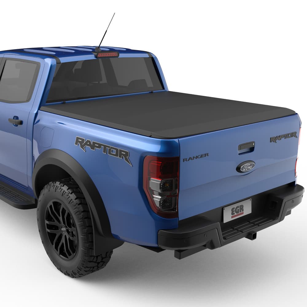 Rear three-quarter view of Ford Ranger Raptor with EGR Soft Tonneau Cover installed
