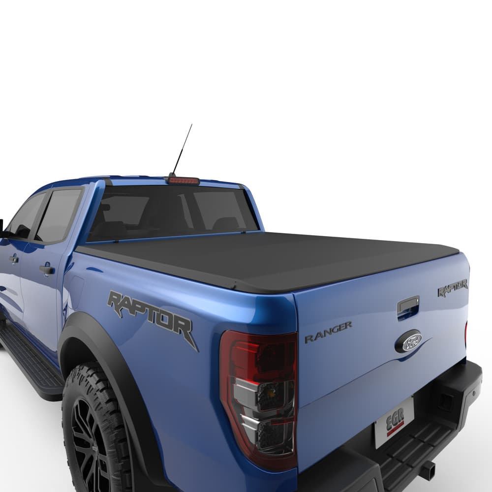 Side angle view of Ford Ranger Raptor featuring the EGR Soft Tonneau Cover