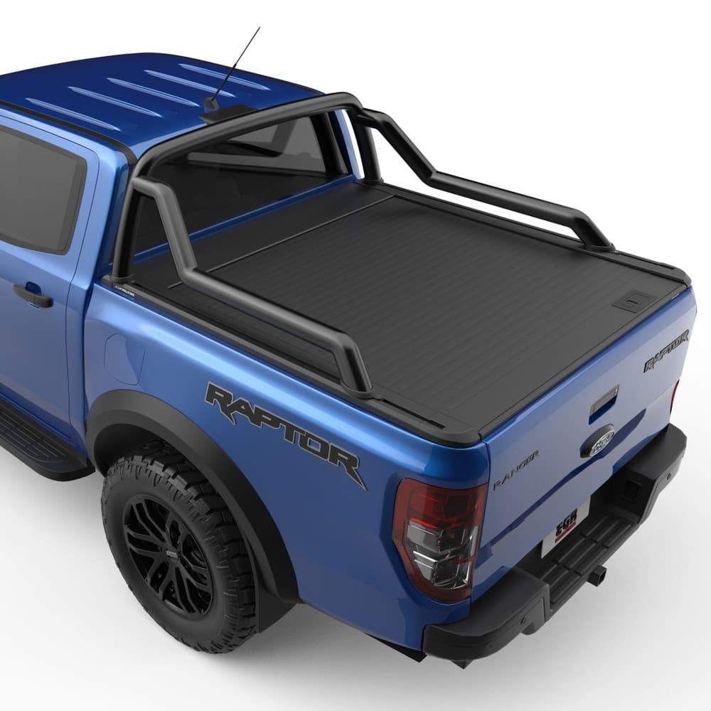 Rear three-quarter angle of Ranger Raptor with sports bar mounted on the EGR RollTrac using the adapter kit