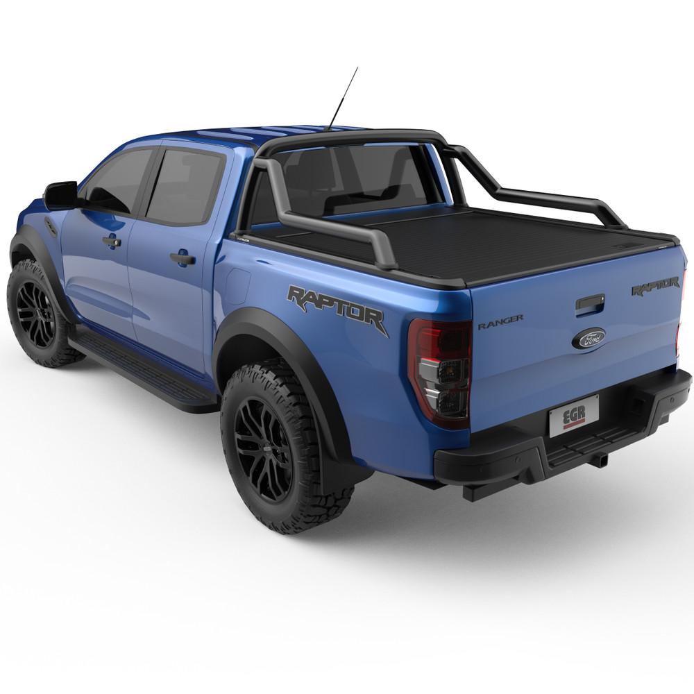 Right-side rear view of Ranger Raptor featuring the EGR RollTrac Sports Bar Adapter Kit installed