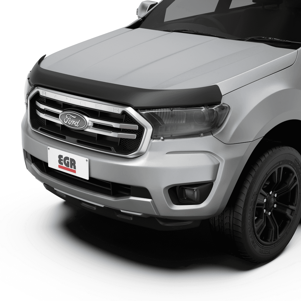 Front view of Ford Ranger with EGR matte black bonnet protector and clear headlight protectors installed