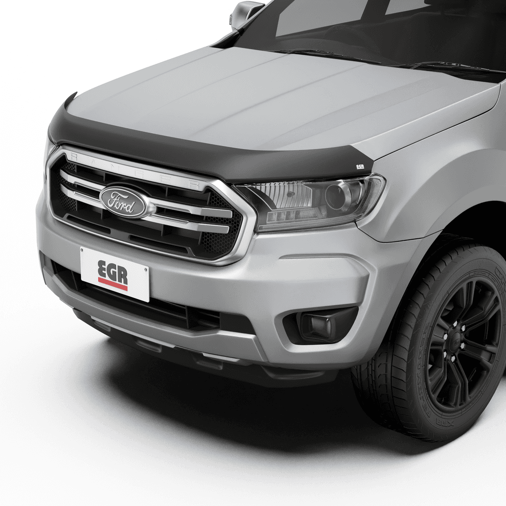 Front view of Ford Ranger with EGR matte black bonnet protector and clear headlight protectors installed
