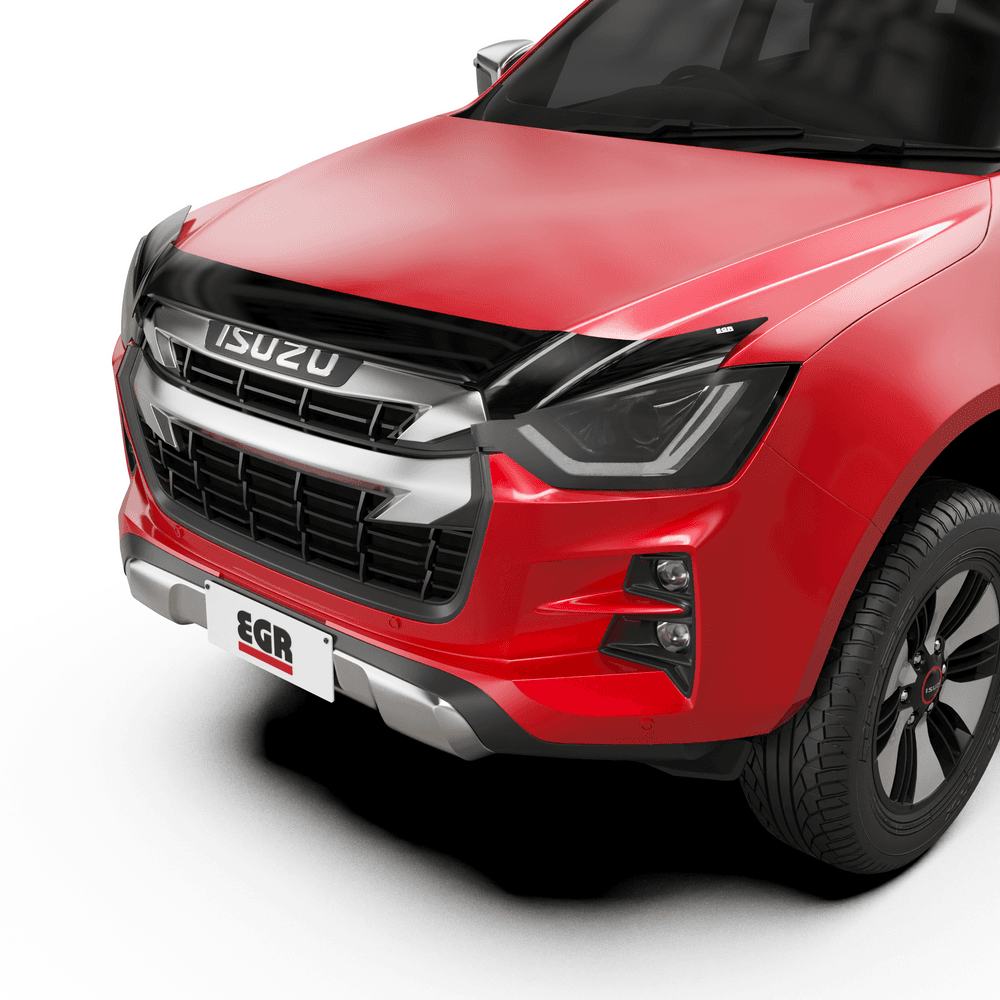 Front view of red Isuzu D-Max 2020 featuring EGR bonnet protector and headlight protection
