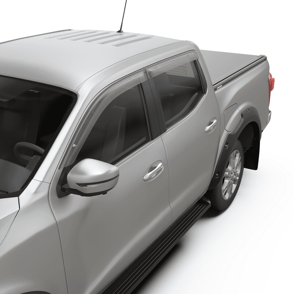 Close-up of smoke weather shields fitted to Nissan Navara 2021 side window