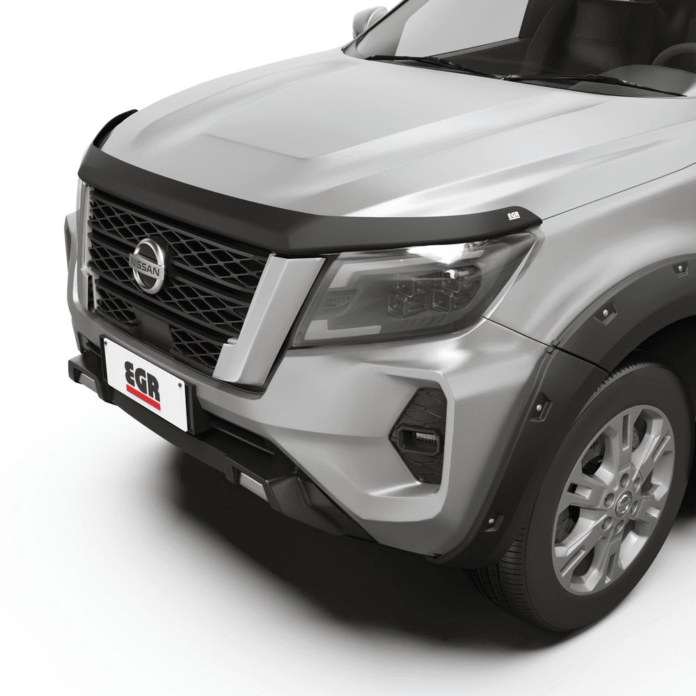 Close-up of EGR matte black bonnet protector on Nissan Navara 2021