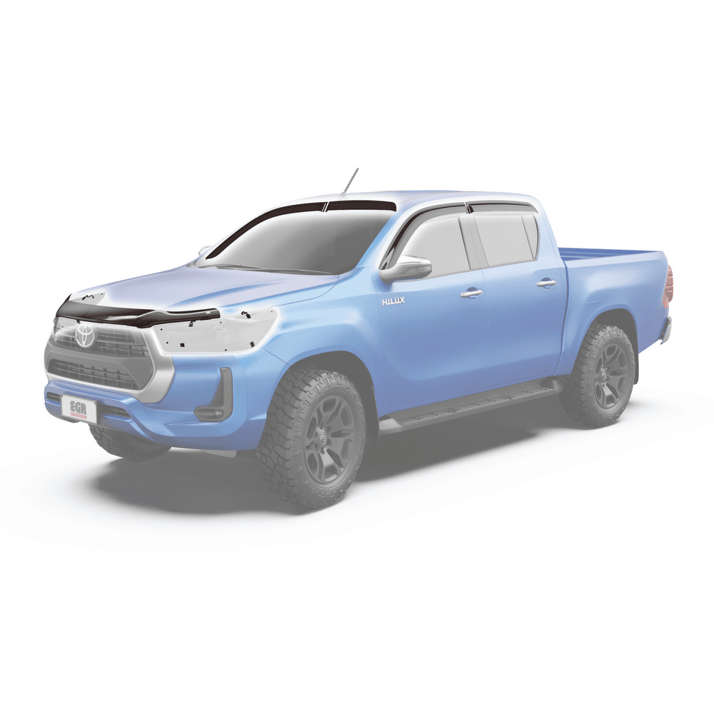 Rear three-quarter view of Toyota Hilux 2020-onwards with EGR bonnet protector and weather shields installed