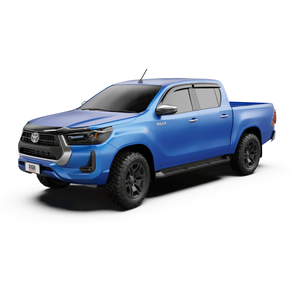 EGR Protection Pack components for Toyota Hilux showing bonnet protector, headlight guards, and slimline weather shields