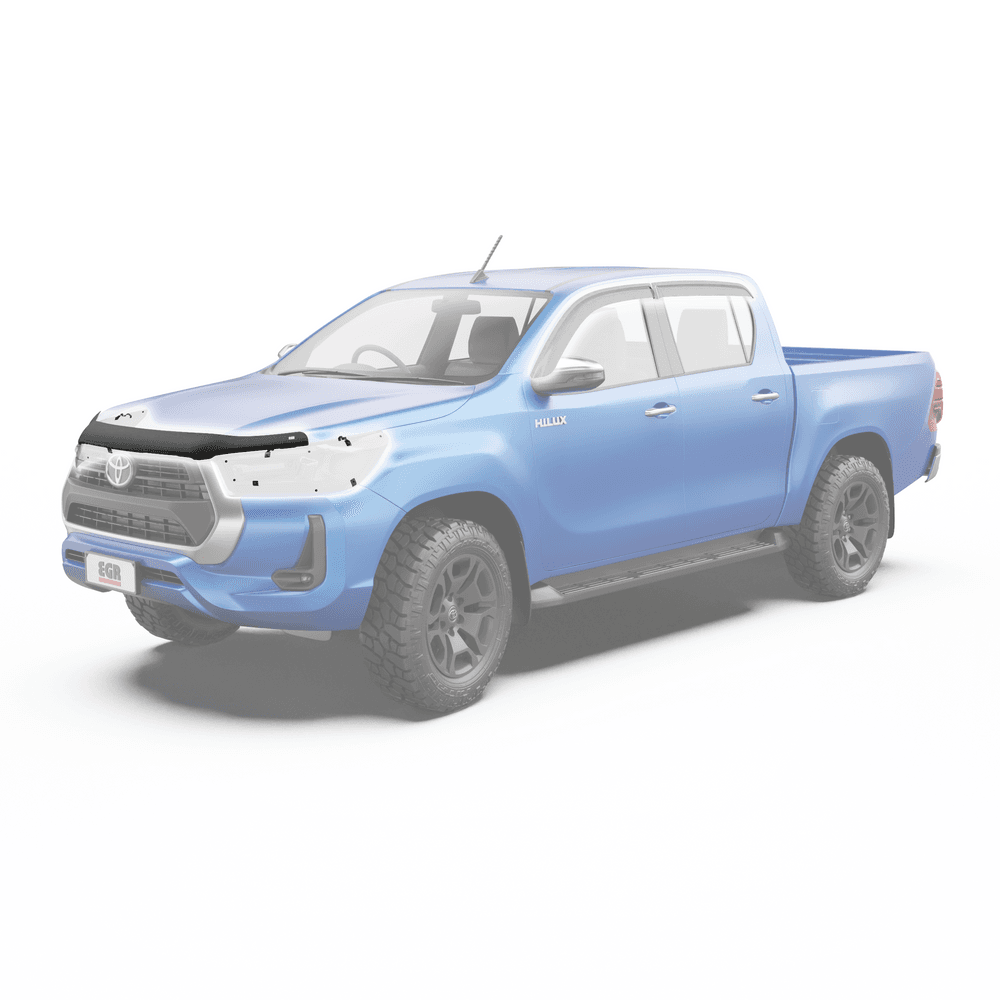 Rear three-quarter view of Toyota Hilux 2020-onwards with EGR bonnet protector and weather shields installed