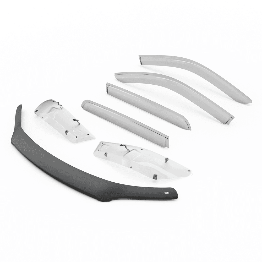 Blue Toyota Hilux 2020-onwards fitted with EGR Protection Pack including bonnet protector, headlight protectors, and weather shields