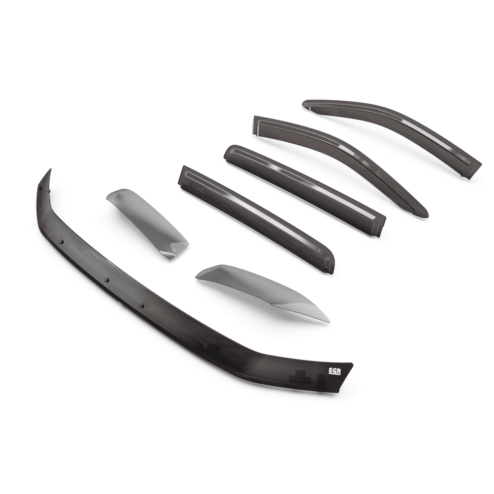 Volkswagen Amarok 2012-onwards fitted with EGR Protection Pack, showing matte black bonnet protector, headlight guards, and slimline weather shields installed on the vehicle.