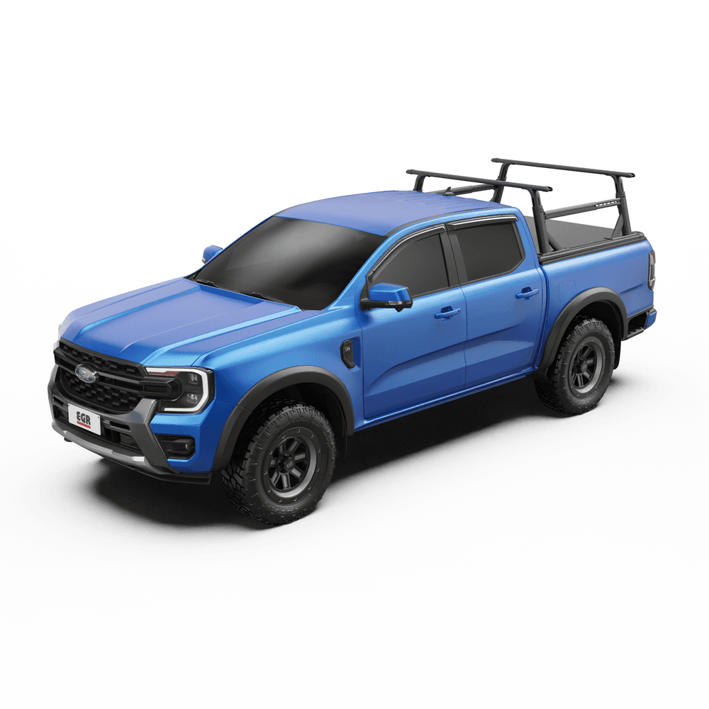 Side profile of ute with ladder rack adjusted for roof-height load carrying