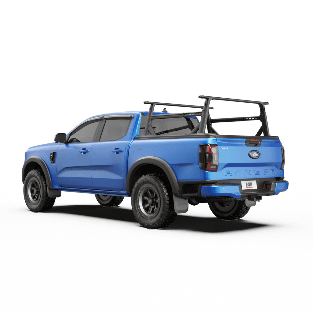 EGR Adjustable Ladder Rack installed on a blue ute with RollTrac system