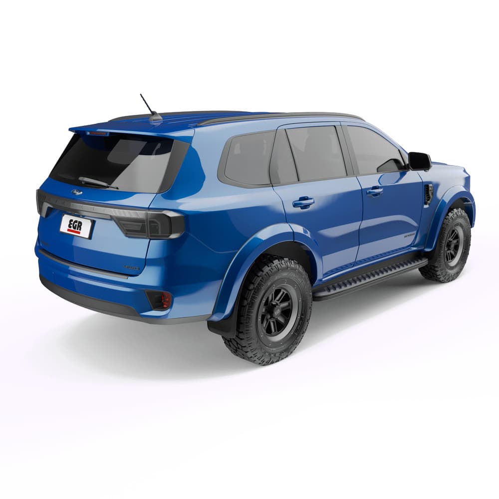 Blue Ford Everest 2022 side profile highlighting full fender flare coverage