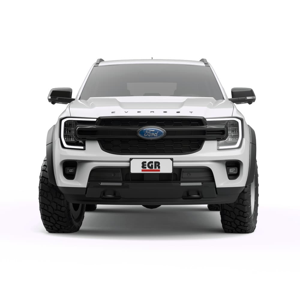 White Ford Everest photographed front-on with EGR fender flares installed