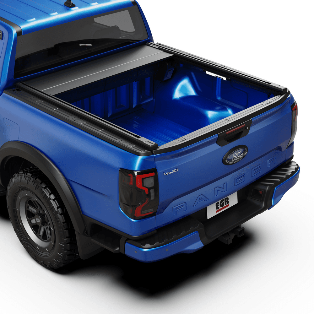 Ford Ranger RA three-quarter rear angle displaying the EGR RollTrac E3 cover