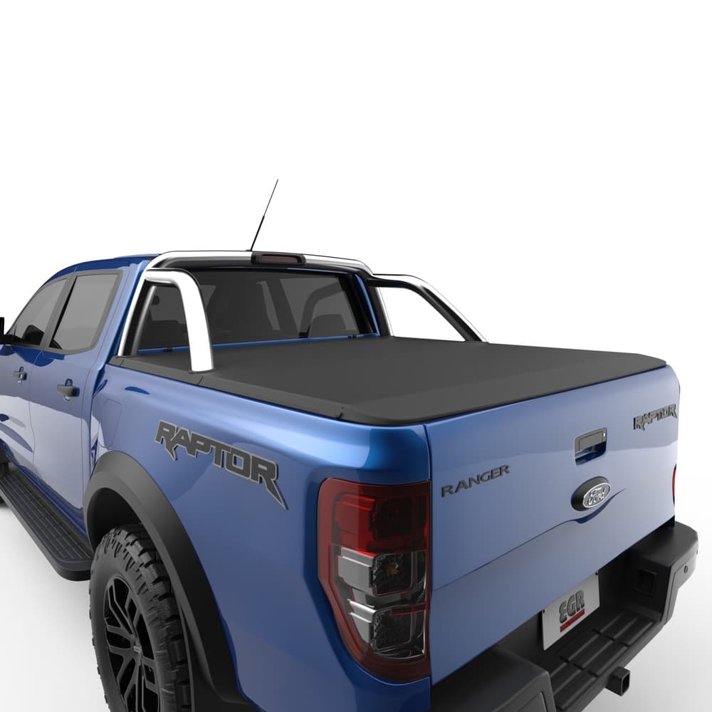 Rear angle view of a Ford Ranger Raptor PX showing the low-profile EGR Soft Tonneau Cover