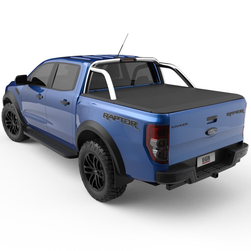 Side view of a Ford Ranger Raptor PX showcasing the snug fit of the EGR Soft Tonneau Cover with sports bars