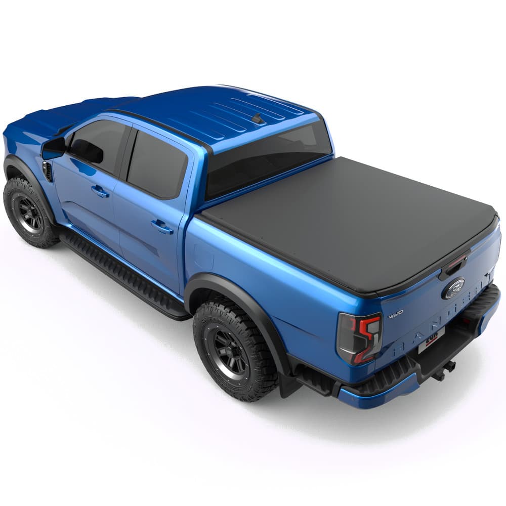 Side and rear view of a Ford Ranger RA 2022 equipped with the EGR Soft Tonneau Cover