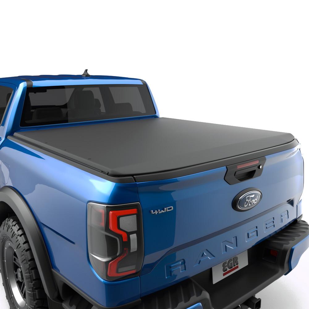 Rear angle view of a Ford Ranger RA 2022 showing the low-profile EGR Soft Tonneau Cover
