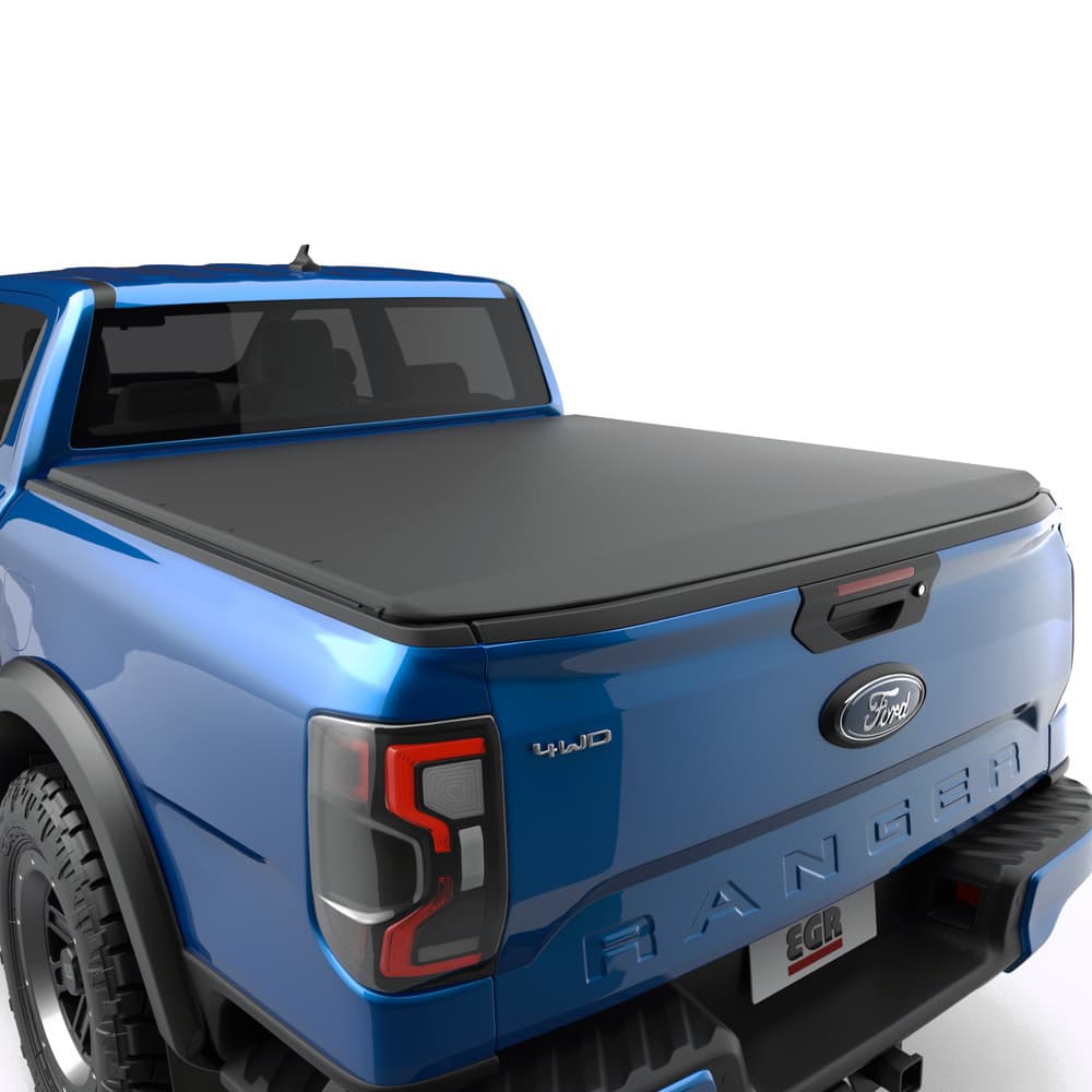 Rear angle view of a Ford Ranger RA 2022 showing the low-profile EGR Soft Tonneau Cover