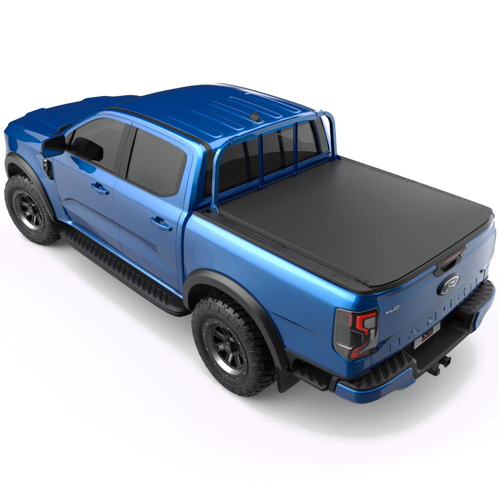 Passenger-side view of a Ford Ranger RA 2022 highlighting the Cabin Guard Soft Tonneau Cover