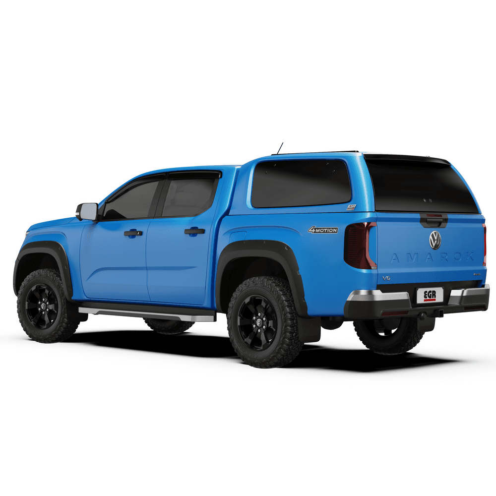 Rear angle view of blue Volkswagen Amarok NF 2023 fitted with EGR GEN3 Canopy