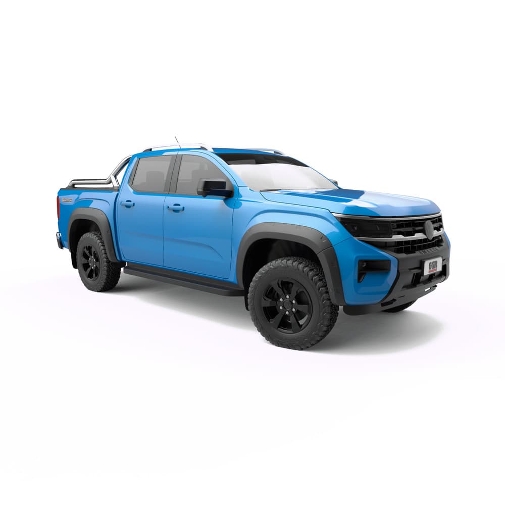 Side profile of the Volkswagen Amarok NF 2023 showcasing the installed EGR Fender Flares above the front and rear tyres