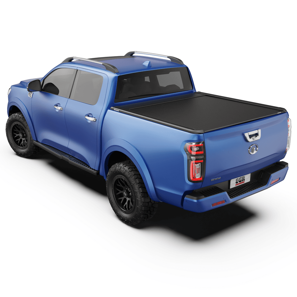 Angled top view of EGR RollTrac Electric E3 aluminium slat cover on GWM Cannon tub