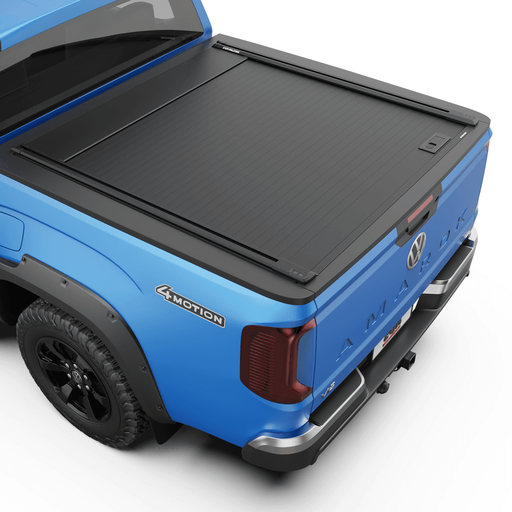 Rear three-quarter view of Volkswagen Amarok NF 2023 fitted with EGR RollTrac Manual roller cover
