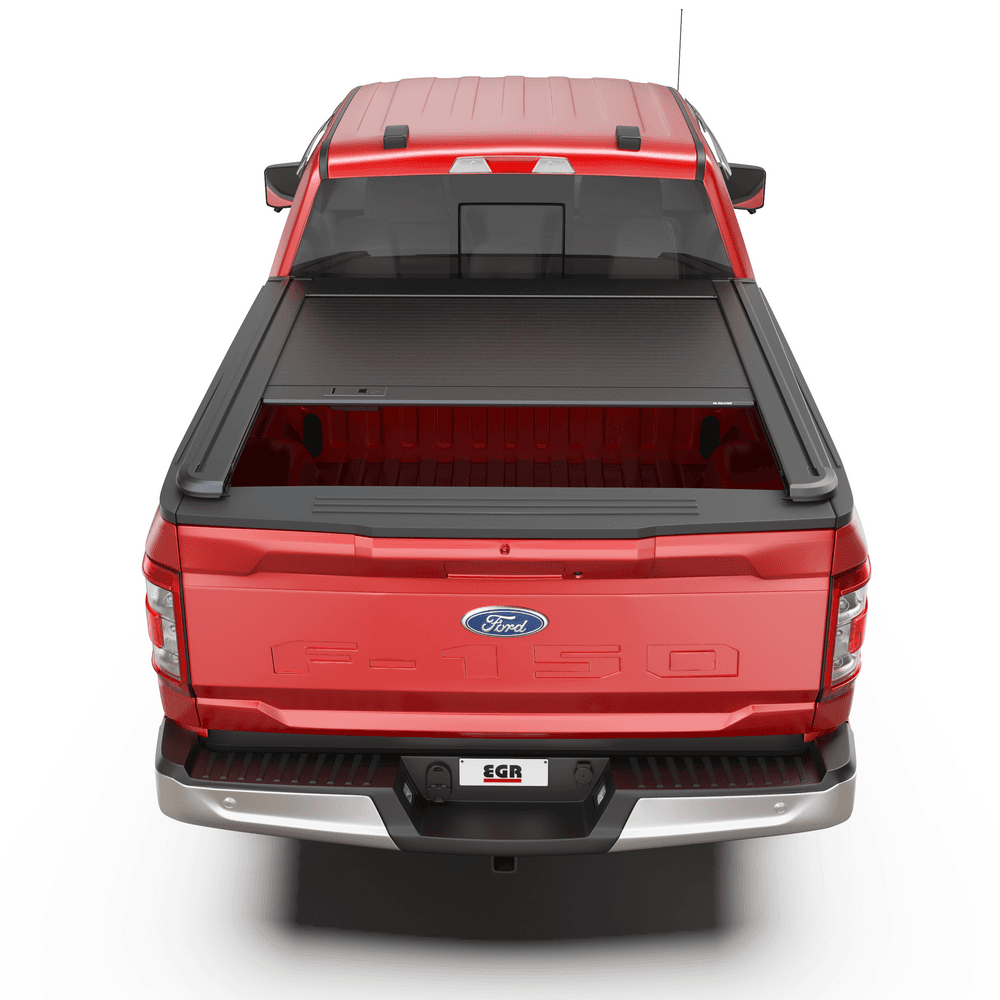 Rear view of Ford F-150 with EGR RollTrac Manual tonneau cover closed