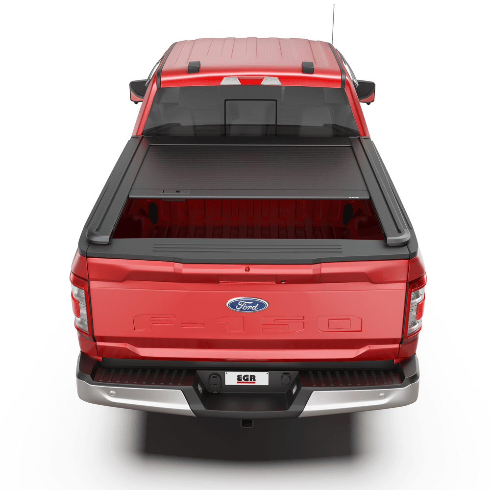 Rear view of Ford F-150 with EGR RollTrac Manual tonneau cover closed