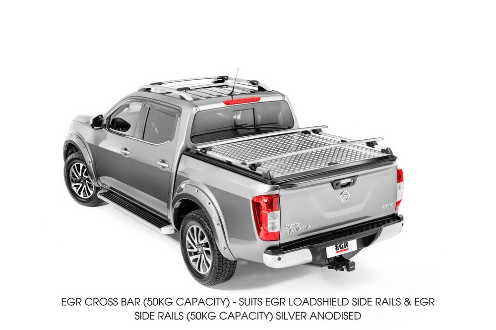 Angled view of EGR Load Shield Cross Bar mounted to Load Shield rails