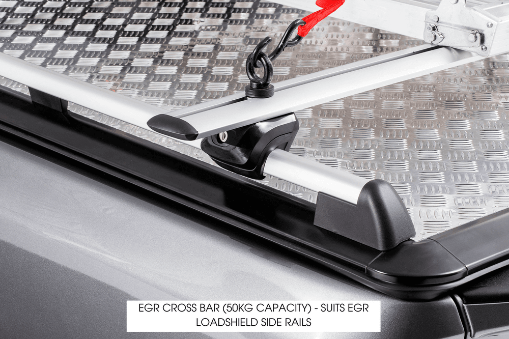 Close-up of EGR Load Shield Cross Bar on checker plate hard lid