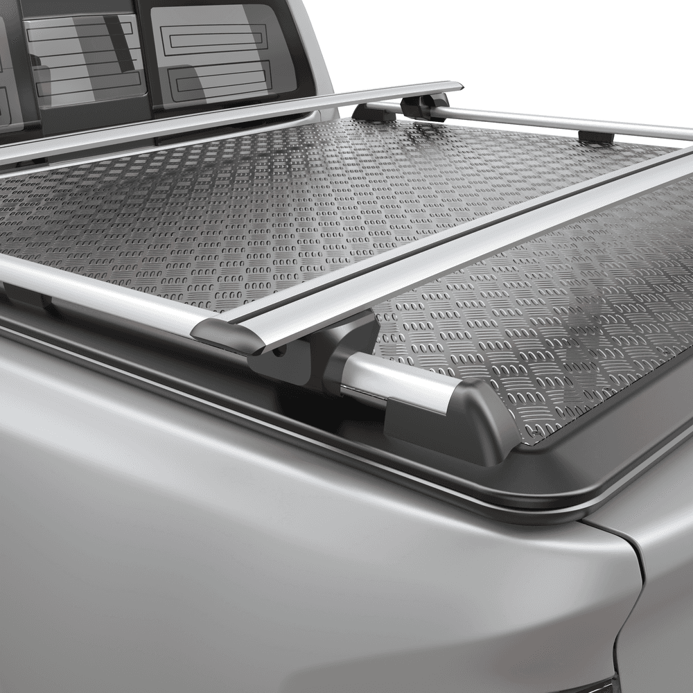 Close-up view of EGR Load Shield Cross Bar mounted to Load Shield Side Rails on hard lid