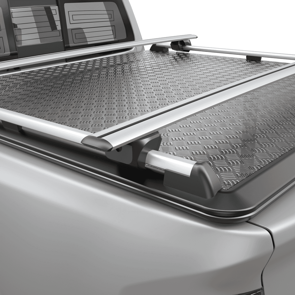 Close-up view of EGR Load Shield Cross Bar mounted to Load Shield Side Rails on hard lid