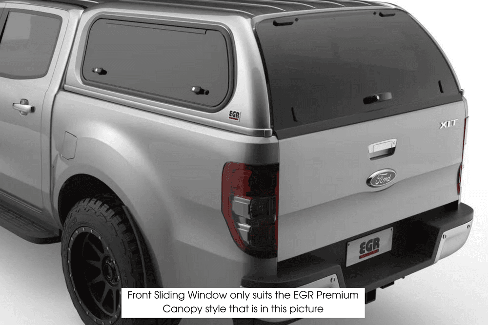 Rear-side view of a canopy equipped with the EGR Front Sliding OXO Window on a silver ute