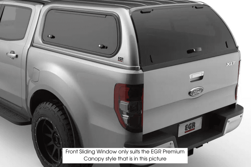 Rear-side view of a canopy equipped with the EGR Front Sliding OXO Window on a silver ute